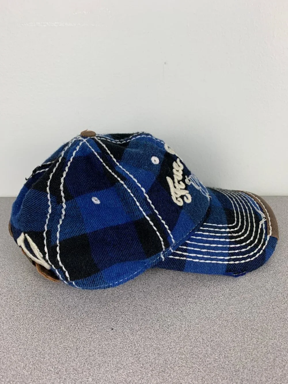 True Religion Distressed Blue Plaid Hat